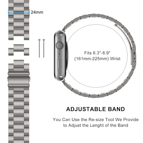 Image of HITZEE Compatible with Apple Watch Band 46 /45 /44 /42mm Business Stainless Steel Metal Strap Men Women Link Bands Compatible for iWatch SE3-1 Series 11 10 9 8 7 6 5-1, 42 /44 /45 /46mm Titanium
