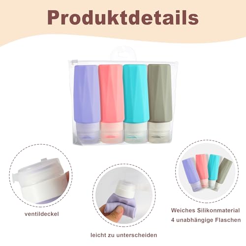 Silikon Reiseflaschen Set, 4 Stück 90ml Auslaufsichere Reisebehälter für Kosmetik und Toilettenartikel - TSA-konform mit No-Drip-Ventil - Ideal für Reise, Festival und Flugzeug