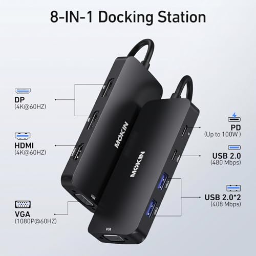 Image of USB C Docking Station Dual DisplayPort, USB Hub with 2 DP, HDMI, VGA, USB C 2.0, A 2.0, PD Charging Port, Multi Monitor Adapter for Dell /HP Laptops, Black