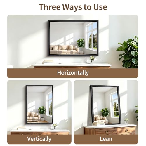 Image of Bathroom Mirror, 42 x 30 Inch Brushed Black Rectangle Mirror, 0.6 inch Thickened Deep Frame Vanity Mirrors for Bathroom Sink, Shatterproof Tempered Glass, Antirust, Horizontally or Vertically