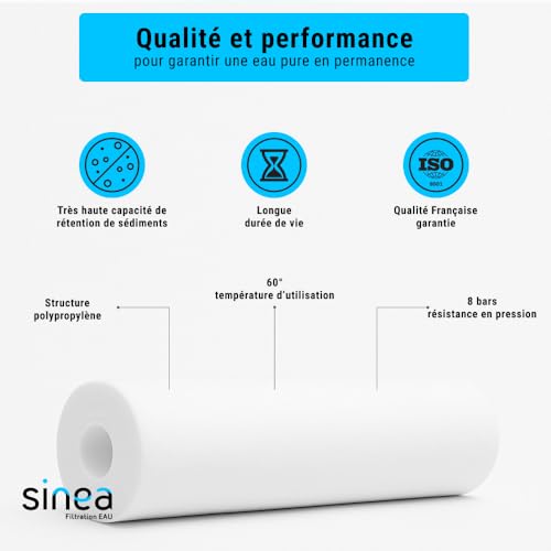 SINEA Cartouche filtre eau 20 microns 9 pouces 3/4, fabriqué en France, filtration efficace, capture les sédiments, élimine les impuretés, lot de 6 – vue 5