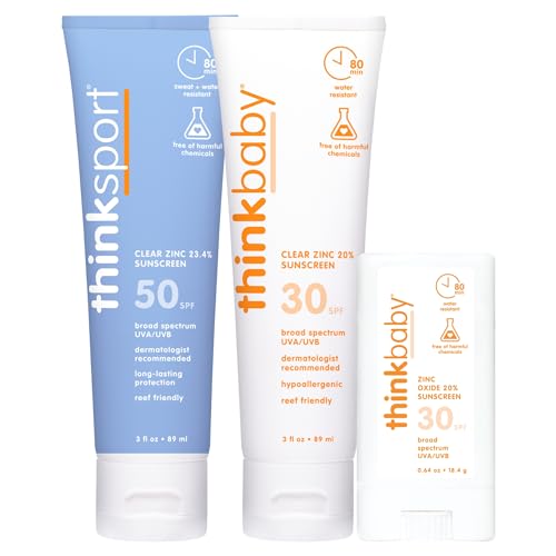 Image of Thinkbaby SPF 30 Sunscreen Stick 0.64 Oz + Clear Zinc 3 Oz. + Thinksport SPF 50 Clear Zinc 3 Oz.