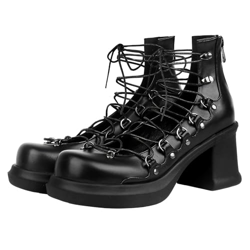 Parisuit Womens Black Goth Platform Shoes Lace Up Chunky High Heels Pumps Round Toe Lolita Cosplay...
