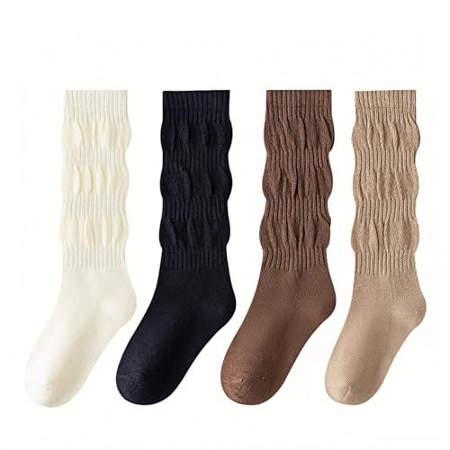 Kids Slouchy Ribbed Cotton Socks – Midway Between Crew and Knee High Socks for Girls (Ages 4-12, Pack of 4 Colors)