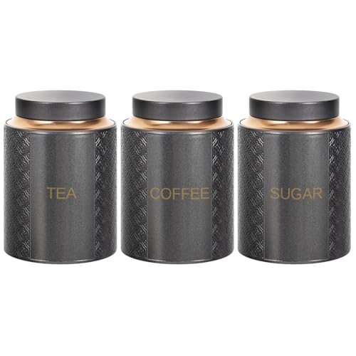 Bayseun Tea Coffee Sugar Canisters Set of 3 Tea Coffee and Sugar Canisters for Home Easy Open & Airtight Lids Tin Caddy Kitchen Storage Jars Decorative Stainless Tins Grey