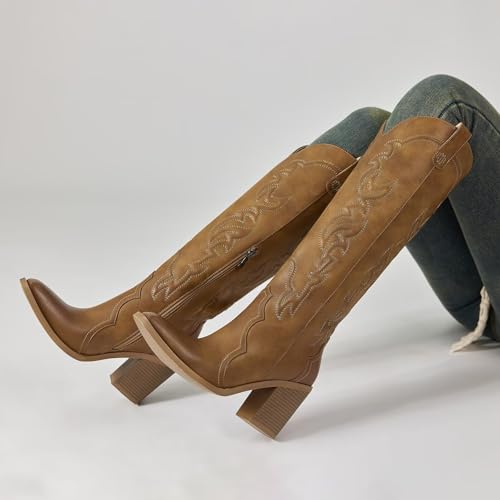 wetkiss Cowgirl Boots Women Knee High Boots, Embroidered Cowboy Boots with Chunky Heel Comfort Tall Western Boots for Women4