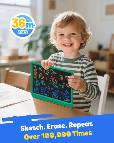 Image of TEKFUN 12 Inch LCD Writing Tablet for Kids, Coloring Drawing Pad, Mess Free Doodle Board, Airplane Travel Toys for Boys and Toddlers, Road Trip Essentials, Gifts for 3-8 Year Old Girls(DarkGreen)