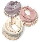 Indi by Kishu Baby - Girls Pom Pom Bibs - Luxuriously Soft, 100% Organic Cotton Muslin Exclusive of Trim - Fairtrade & GOTS Certified Organic Drool Bib with Snaps (Peach, Ivory, Lavender)