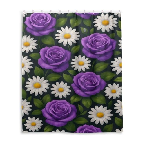 DUOBU Purple Roses White Daisies Shower Curtain Washable Waterproof Fabric Bath Curtain 60x72Inch Shower Curtains with Hooks for Bathroom Decor