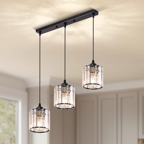 Warmiehomy Modern Crystal Chandelier 3 Lights Hanging Lights Adjustable Height E27 Pendant Ceiling Light for Kitchen Island Living Room Bedroom Hallway Round L50*W15*H120cm(Black)