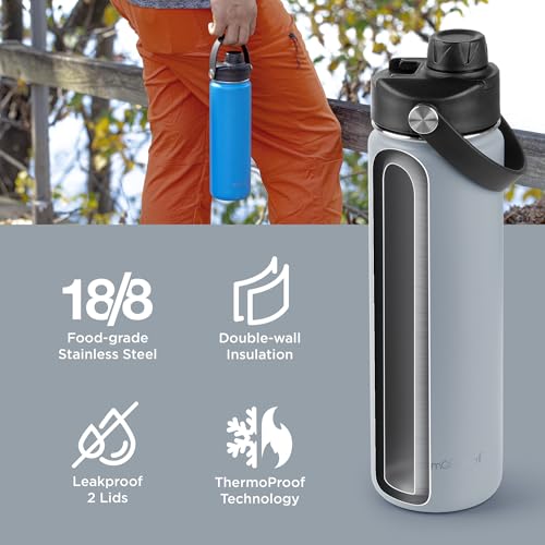 Image of ThermoProof Double-Walled Vacuum Insulated Stainless Steel Water Bottle - Wide Mouth with Chug & Spout Lids, Dishwasher Safe, Reusable, Leakproof, Hot & Cold for Men, Women & Kids - 22oz, Light Gray