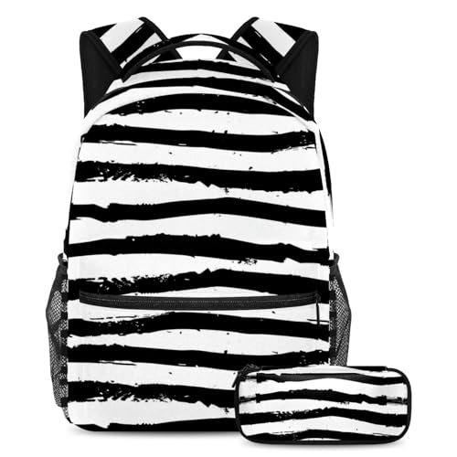 Ensemble cartable au motif rayures blanches et noires chic comprenant grand sac et trousse