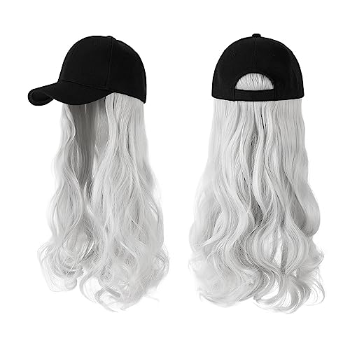 JUNXIAN Wig Cap Long Wavy Synthetic Wig Baseball Cap with Hair Extensions Hat Wigs Natural Connect Wig Adjustable for Women Wig Hat(6)