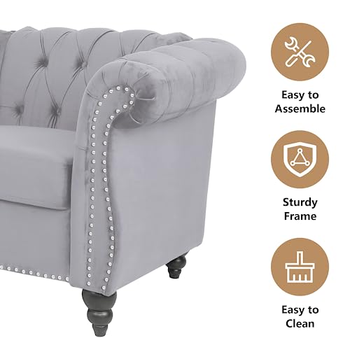 Image of QHITTY Accent Large Sofa, Chesterfield Couch 3 Seater Modern Velvet Couch Upholstered Sofa with Tufted Back for Living Room Furniture (Grey)
