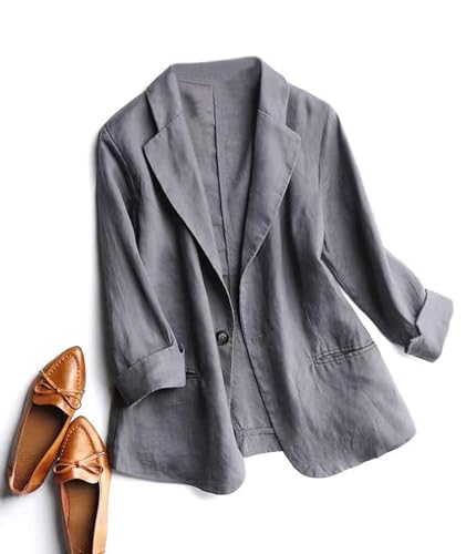 SOMTHRON Women's Casual Linen Blazer 3/4 Sleeve One Button Lapel Lightweight Work Office Dressy Suit Jacket3