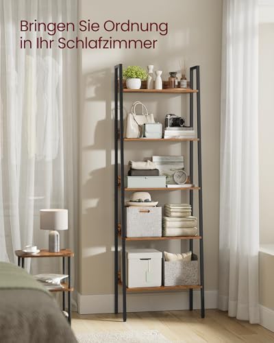 VASAGLE Bücherregal, Leiterregal 5 Ebenen, schmales Regal, offenes Standregal für Arbeitszimmer, Wohnzimmer, Schlafzimmer, Küche, Industrie-Design, vintagebraun-schwarz LLS067B01