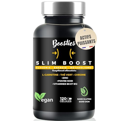 Slim Boost Minceur – L-Carnitine, Thé Vert, Chrome, Zinc, Vitamines B6 & B12 – Vegan – Support Glycémie, Énergie, Métabolisme, Pré-workout – 120 Gélules
