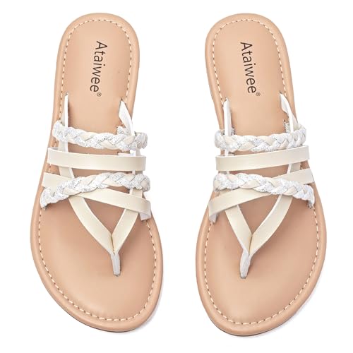 Image of Ataiwee Women's Flat Slide Sandals - Comfortable Open Toe Design,Casual Slip-On with Ankle Strap,Hook-and-Loop Closure Summer Sandals.