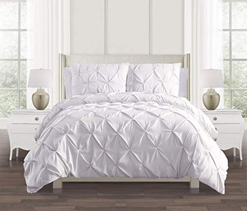 Parure de lit avec housse de couette plissée et taies d'oreiller 100 % percale de coton pour lit simple, double, king size, super king size (blanc, king size)