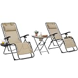 Abician Lot de 2 Chaise Longue Pliable et inclinable, avec Table Pliable Support de Gobelet, Fauteuil Relax Jardin de gravité zéro transat Bain de Soleil, avec Rembourrage de Tête Beige