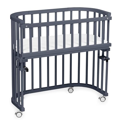 babybay Cuna Extra Grande de Madera de Haya Maciza, Altura Regulable y respetuosa con el Medio Ambiente, con colchón, Rejilla, Ruedas (Lacado Gris Pizarra)