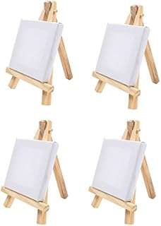 4X Mini Wooden Easels & Canvas - 7cm x 7cm - Table Top Arts & Crafts