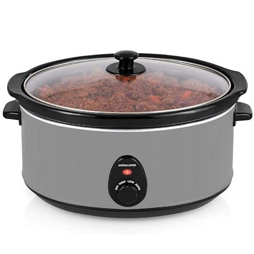 Andrew James 6.5L Slow Cooker with Removeable Easy Clean Ceramic Bowl, 3 Temperature Settings, Energy Efficient Large Slow Cooker with Tempered Glass Lid, Cool Touch Handles & Non-Slip Feet (Grey)