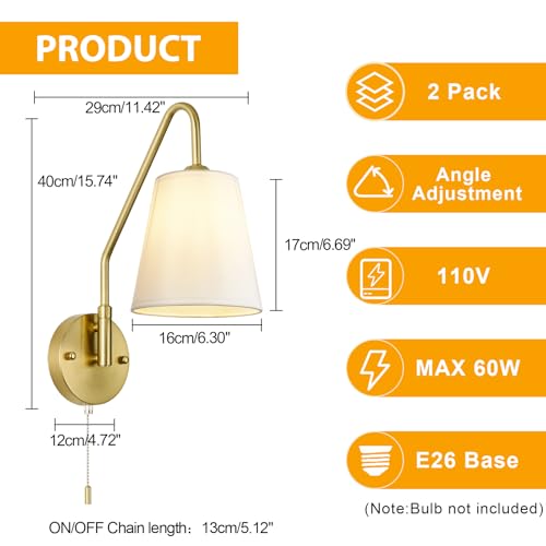 Image of PASSICA DECOR Swing Arm Wall Sconces Set of 2 Hardwired 180 Degree Left and Right Wall Light with Pull Chain Gold Vintage Wall Lamps for Bedroom Farmhouse Living Room