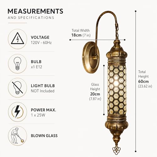 Image of Angora Justin Turkish Wall Sconce Lighting | 100% Handmade in Turkey, Blown Glass, Turkish Moroccan Wall Lamps, Vintage Light for Indoor | 23.62 Inches