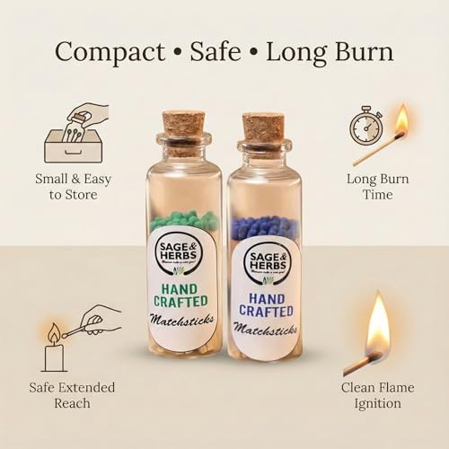 Image of Sage & Herbs Small Matchstick Combo Pack | Blue & Green Head Matchstick | in a Borosilicated Cork Jar with a Striker | Combo Pack | 80 Match Sticks | Multipurpose use for Home, Office, Home Temple