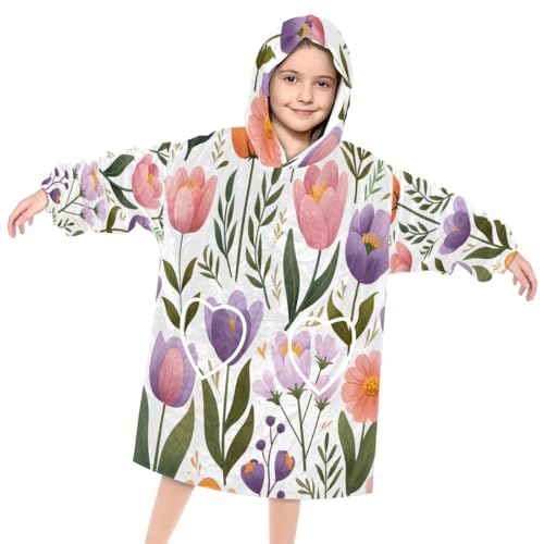 Wearable Blanket Hoodie for Kids, Graffiti Tulip Fleece Sweatshirt Blanket Oversized Blanket Sweatshirt with Pocket Flannel Warm Hooded Blanket 6-10 Year Old Girl Boy Gift, One Size