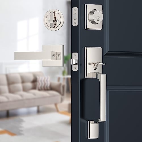 Image of Brightify Satin Nickel Front Door Lock Set, Satin Nickel Door Handle with Door Lever, Front Door Handle Set, Adjustable Deadbolt Lock Set with Single Cylinder, Reversible for Right&Left
