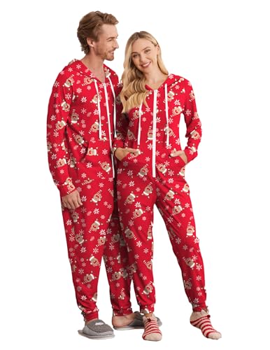 Ekouaer Christmas Onesie for Couples Zipper Hooded Adult Matching Onesie Pajamas with Pockets Men Reindeer X-Large