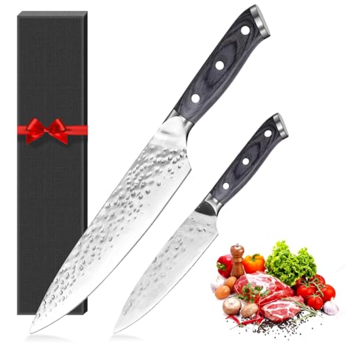 LUXHEIM 2 Stück Küchenmesser Set, Profi Kochmesser Chefmesser Fleischmesser Gemüsemesser Allzweckmesser Scharfes Messer Edelstahl, 12,5cm 20cm Klinge, Holzgriff, Geschenkbox