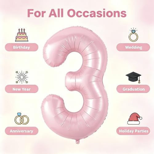 Image of Number Balloons Pink Party Balloon - Giant Number 3 Balloon, 40 Inch Large Balloon, Birthday Decorations for Women, Birthday Balloon for Anniversary Baby Shower Princess Party Decorations