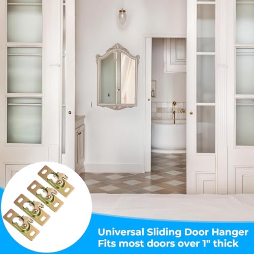 Juego de 4 placas colgantes para puerta corrediza de bolsillo, herrajes de metal fuertes para montaje en riel de puertas, instalación suave con soportes para colgar miniatura 2