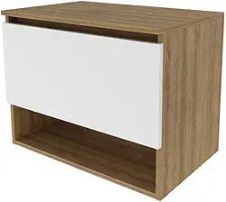 Balcão Gabinete Armário Suspenso 60 cm Sem Cuba 1 Porta 1 Nicho Banheiro Marrom Madeira e Branco