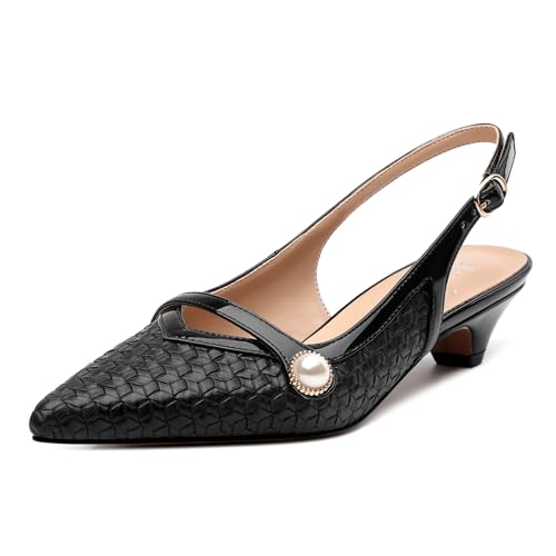 Womens Heeled Slingback Pumps, Pointed Toe Low Thick Kitten Heel Slingback Shoes for Women, Embossed Woven Shoes with Pearl Decoration 1.2