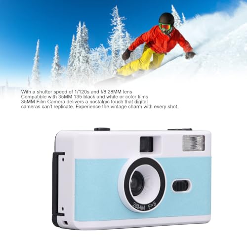 Cámara retro de 35mm reutilizable azul y blanca con flash, el regalo analógico ideal 4