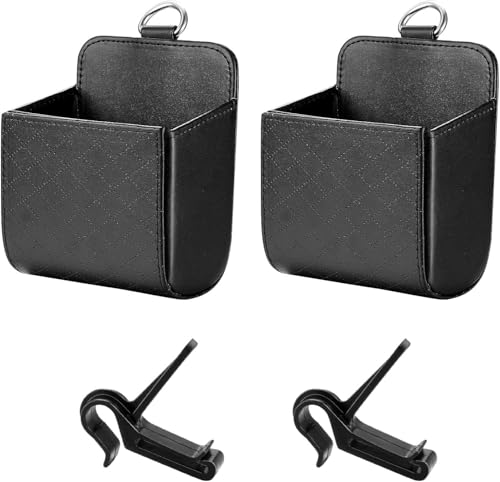 Image of Car Auto Air Vent Leather Tidy Storage Hanging Bag Case Organizer for Keys, Coin, Cell Phone & Glasses. Universal Vehicle Small Bucket with Hook. Keep Your Car Organized | Pack 2 | Black