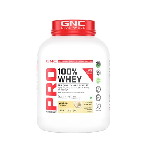 Image of GNC Pro Performance 100% Whey Protein | New Formulation | 24g Protein, 5.7g BCAAs, 12.3g EAAs | Added DigeZyme | Whey Isolate & Concentrate Blend, Low Carb (4.51g), No Added Sugar | Vanilla Cream, 1.81Kg