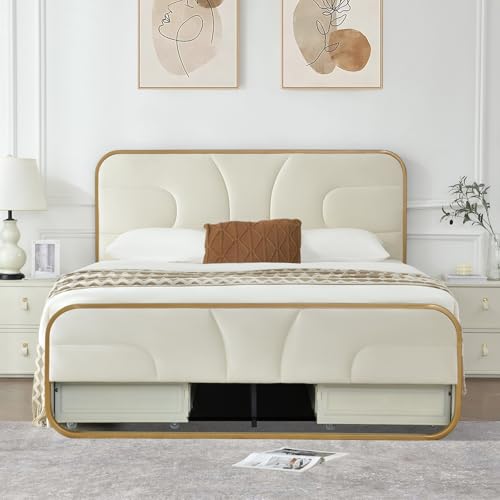 Queen Size Rounded Metal Upholstered Bed with , Velvet Platform Storage Bedframe with Headboard, Wooden Slats Support, No Box Spring Needed, Cream