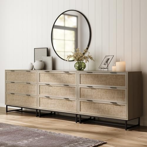 Image of Nathan James Kova 3-Drawer Rattan Dresser or Boheminan Living Room Storage Cabinet with Textiline Rattan Accent and Metal Legs, Light Oak /Black, Set of 3