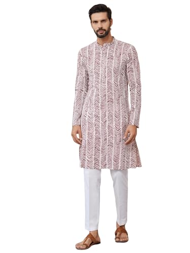 See Designs Men's Long Sleeve Mandarin Collar Side Slit Baby Pink-Brown Printed Pure Cotton Straight Kurta With Pyjama - Sdkt259501M