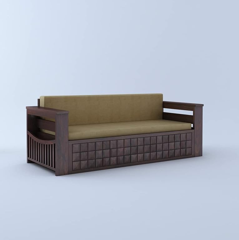 Image of Solid Sheesham Wood Sofa Cum Bed 2 Seater | Wooden Foldable Double Bed for Living Room with Storage | Bed Cum Sofa with Mattress for Home | Full Diamond Design (Walnut Finish)
