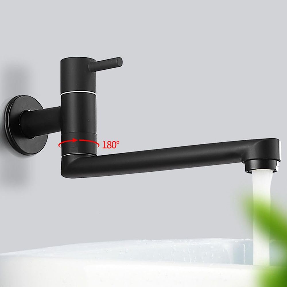 HomeLava Rubinetto da cucina, montaggio a parete, solo acqua fredda, rubinetto da parete, rubinetto per acqua fredda con 360 rotante, beccuccio lungo 23 cm, in acciaio inox, nero