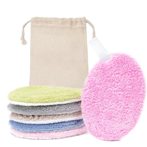 LOPHE 6 Pieces Washable Double Sided Oval Makeup Remover Pads with Pouch Soft Delicate Reusable Makeup Remover Pads for Daily Cleaning(6 Colors)