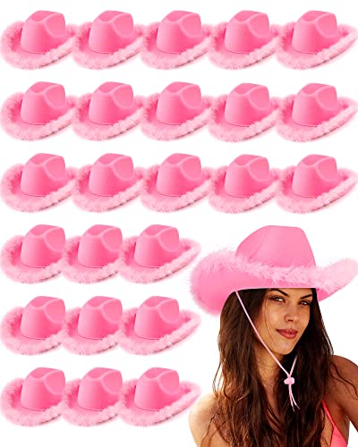Jecery 24 Pack Pink Western Hat Bulk with Feather Boa for Women Bachelorette Birthday Party Costume(Pink)