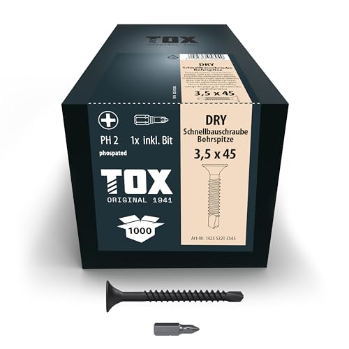 Image of TOX Drywall Screws BS 3.5 x 45 mm, Black Phosphated Screws with Fine Thread + Drill Tip, Plasterboard on Metal Substructure, PH2, Pack of 1000, Includes 1x Bit, 142553213545