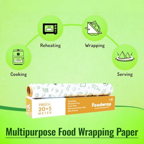 Image of Food Wrapping Paper Roll 25 Meter - Non Stick, Oil Proof Butter Paper Roll, Reheatable Foil Paper for Food Wrap, Chapati, Roti Wrap, Sandwiches & More, Wrapping Paper